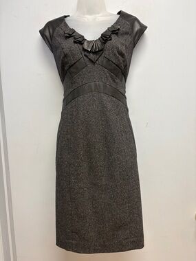 Rebecca Taylor Wool Blend Dress w/ Lamb Leather Trim | Textured Sheath | Size 10